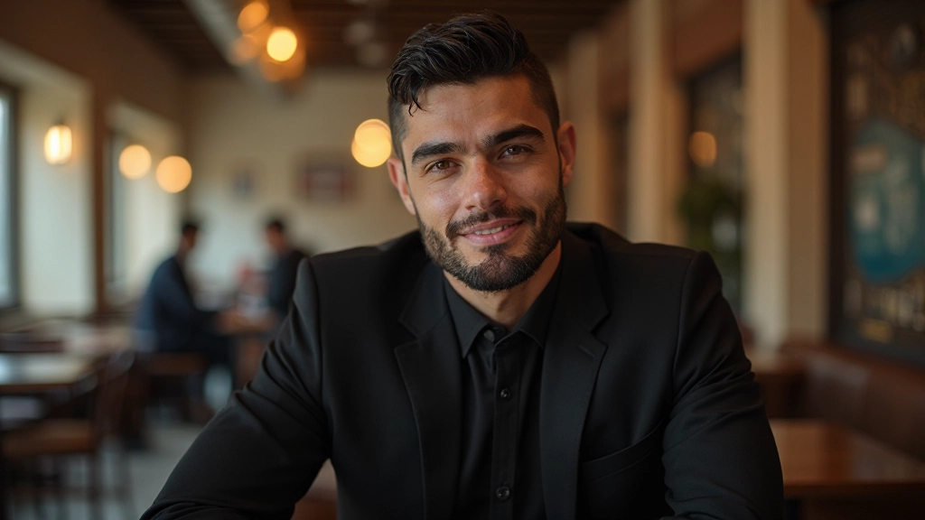 لاعب كرة يد محترف، عمره 26 سنة، يرتدي بدلة رسمية سوداء، يجلس في مقهى حديث، إضاءة دافئة، خلفية ضبابية، صورة من الصدر للأعلى، بدون نصوص