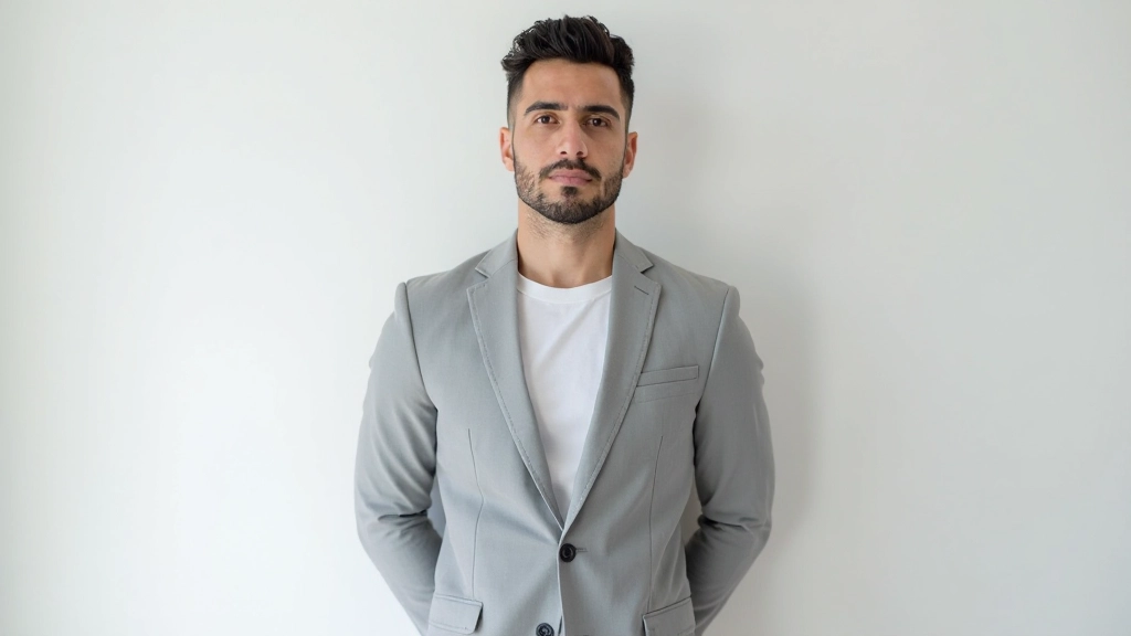 لاعب كرة يد محترف، عمره 28 سنة، يرتدي بدلة رمادية فاتحة، يقف أمام خلفية حائط أبيض بسيط، إضاءة طبيعية ناعمة، صورة من الصدر للأعلى، تعبير جاد ومركز، بدون نصوص