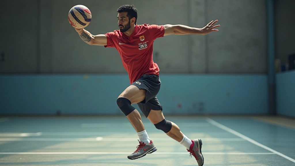 لاعب كرة يد يقفز عالياً برفع الكرة نحو المرمى